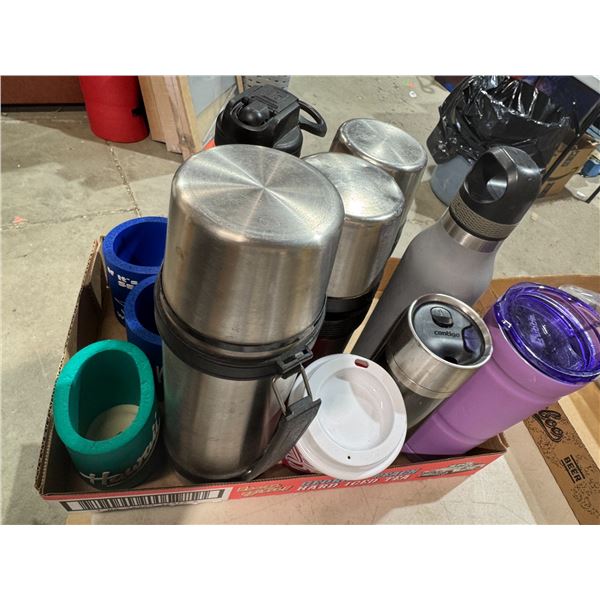 Assorted water bottles and thermoses