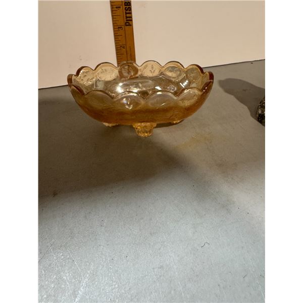 Jeannette Glass Floragold Iridescent Peach Footed Candy Dish.