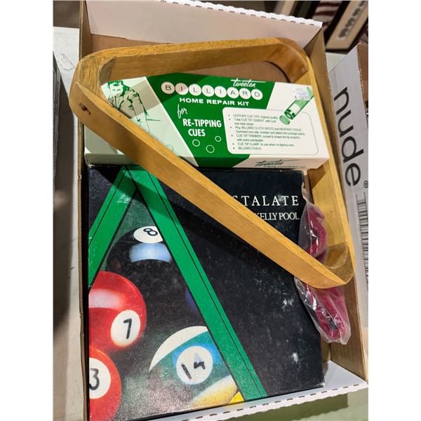 Billiard balls, triangle, and repair kit