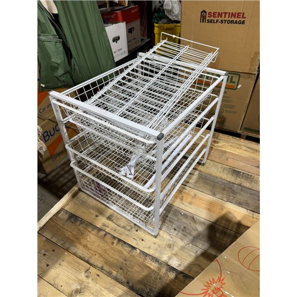 Wire storage items, and shelves