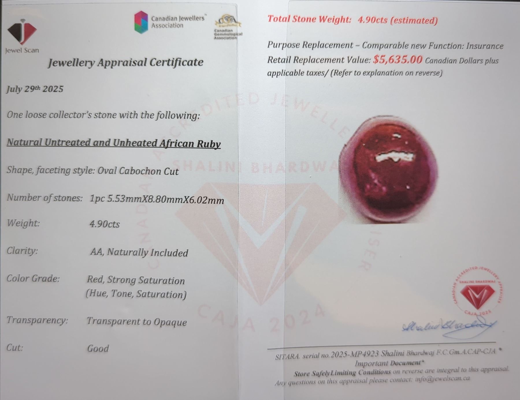 Untreated/unheated African Ruby 4.90ct- Retail $5,635 comes with appraisal