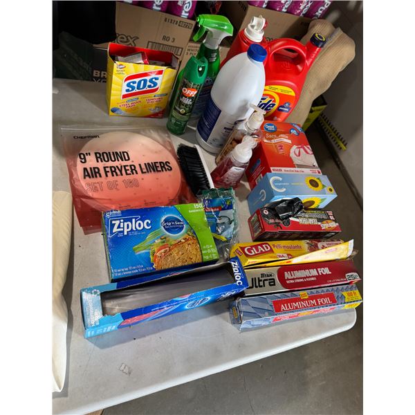 Cleaning supplies and kitchen items