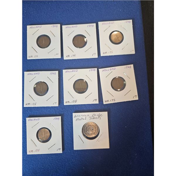 7x 1948 Holland coins & 1 American eagle token