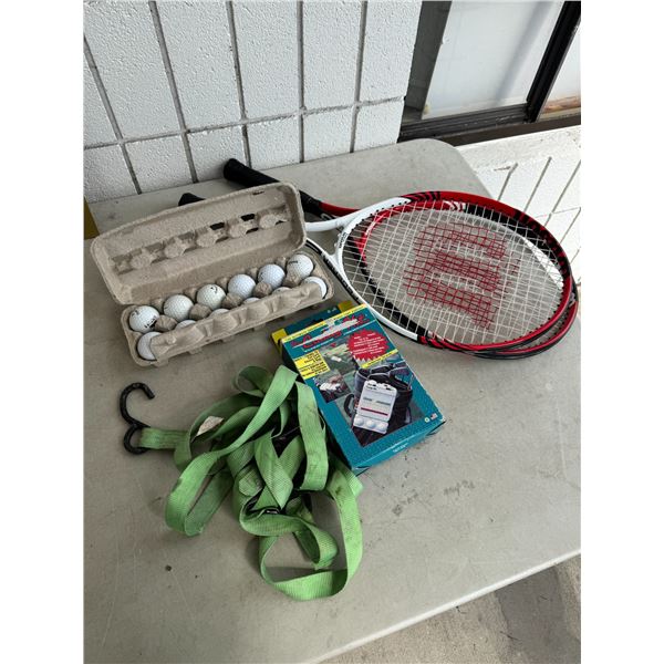 Golf balls, strap, and rackets