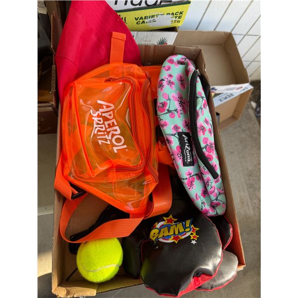 Fanny packs, gloves, hat, tennis ball