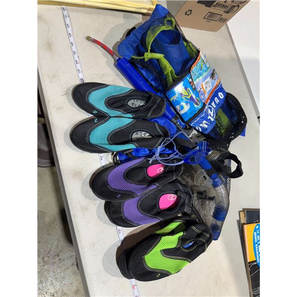 Water shoes, slippers, snacks, et
