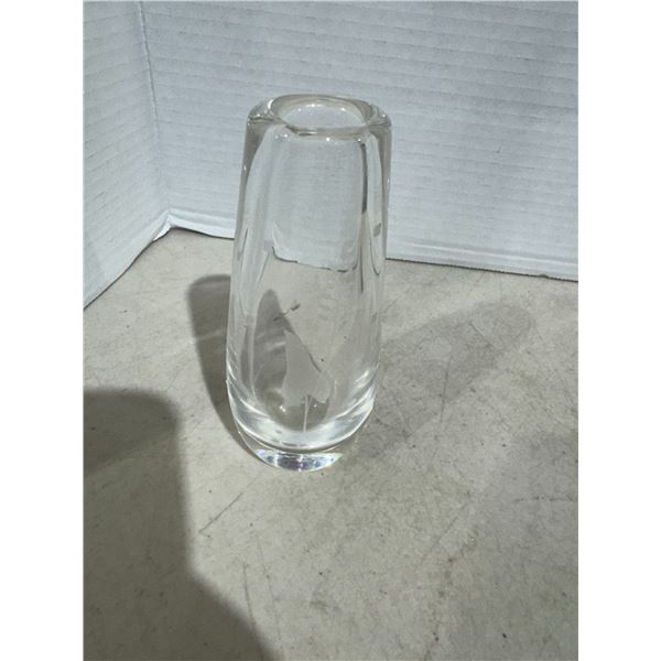 Vintage Signed Orrefors Crystal Glass Etched Bird Flower Bud Vase