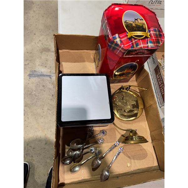 Collector spoons, tins, and other items