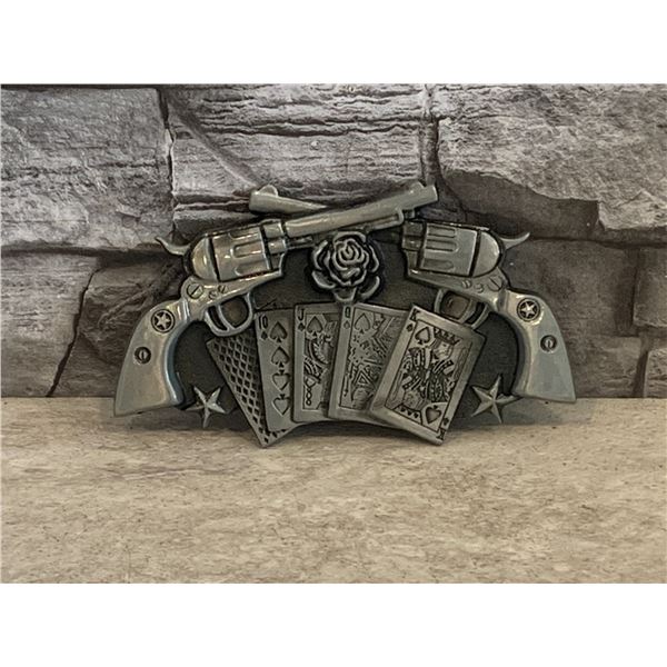Western Wldlife Handgun & Playing Cards Belt Buckle - New