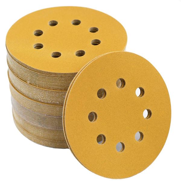Premium Hook & Loop Sanding Discs - 5" - 220 Grit - 50 Pcs - 8 Holes - Colour: Gold - New