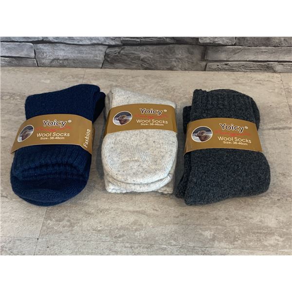 Yoicy Wool Socks - Size 38-46cm - 3 Pairs - Assorted Colours - New