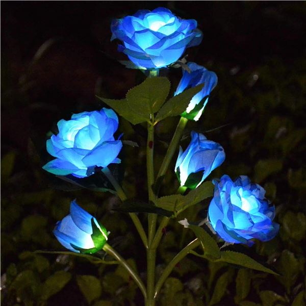 Solar Powered Decorative Rose Stake Lights - 6 Flowers - Colour: Blue - New