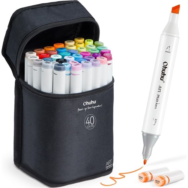Ohuhu Alcohol Markers - Double Tipped Art Marker Set - 40 Markers - New