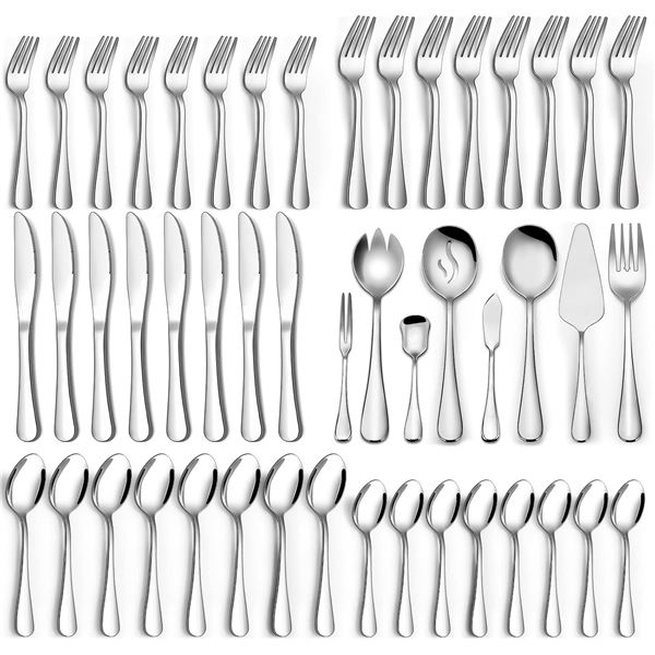 Heavy Duty Stainless Steel Flatware Set for 12  with Serving Utensils - 68 Pcs - New