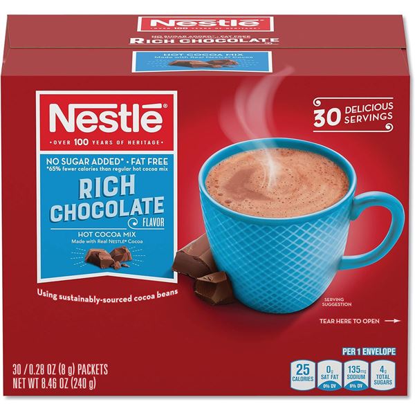 Nestle Hot Chocolate - No Sugar Added - 30 x 8g Packets - New
