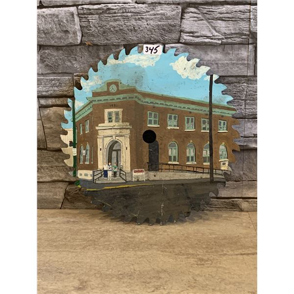 Hand Painted Circular Saw - 9 3/4"- Painting of Wilkie, Saksatachewan Post Office