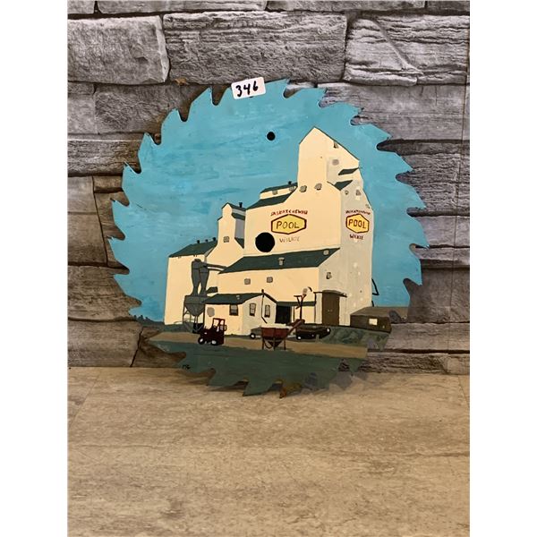 Hand Painted Circular Saw  - 10" - Painting of Wilkie, Saskatchewan Wheat Pool