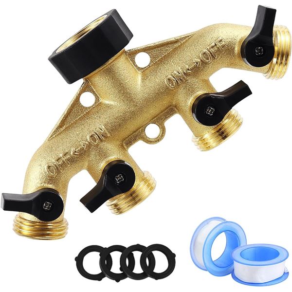 4 Way Brass Garden Hose Splitter - Heavy Duty - New