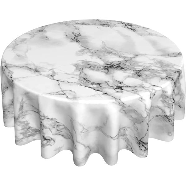 Round Vinyl Fitted Table - 57"- 65" - White with Grey Marble Design - New