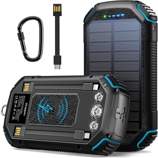 Jinepin Solar Powered Power Bank With 3 Built in Cables 4 Outputs 3 Inputs - New - Sealed
