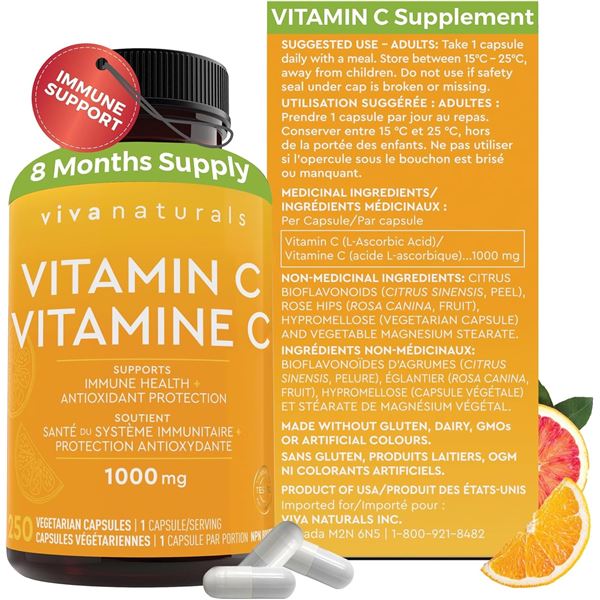 Viva Naturals Vitamin C Capsules - 1000mg - 250 Capsules - New