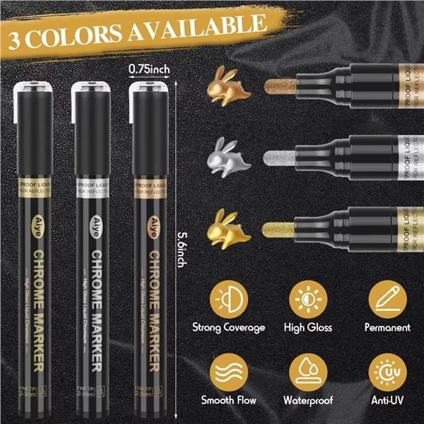 Liquid Mirror Chrome Markers - 3 Colors - Gold, Silver & Copper - New