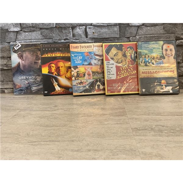 Lot of 5 DVDs - Greyhound, Armageddon, Family Favorite 3 Movie Collection, The Great Caruso, Message