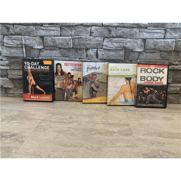Lot of 5 Workout DVDs - 90 Day Challenge , Get Fit & Fab with Jillian Michaels, Body Groove Fit, Yog