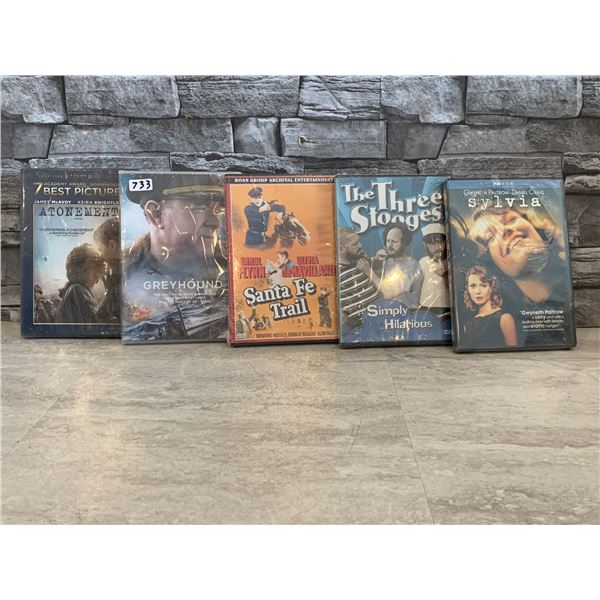 Lot of 5 DVDs - Atonement, Greyhound, Santa Fe Trail, The Three Stooges, Sylvia