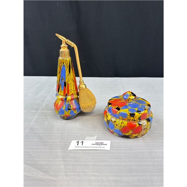1930's Czech Hand Blown Rainbow Glass Atomizer and Lidded Bowl