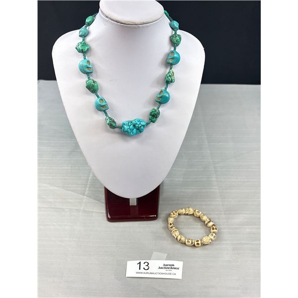 Blue & Green Skull Stone Necklace & Skull Bracelet
