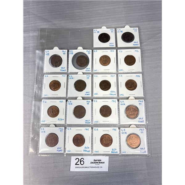 18 GB Half Pennies Uncirculated to Extremly Fine Condition, Complete date run 1953-1967 & 1906,1910,