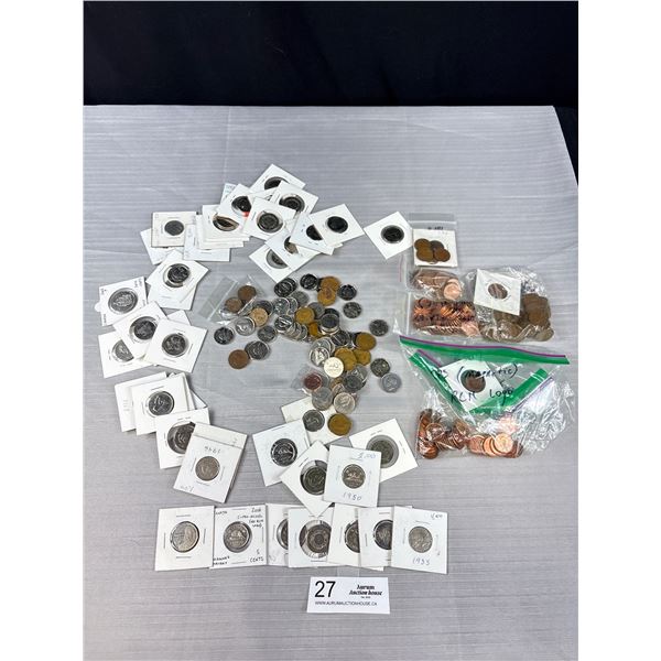 Lot of Canadian Coins: Uncirculated 1 cent coins, 1930's-60's 5 Cent Coins, Tombac's, commemoritive 