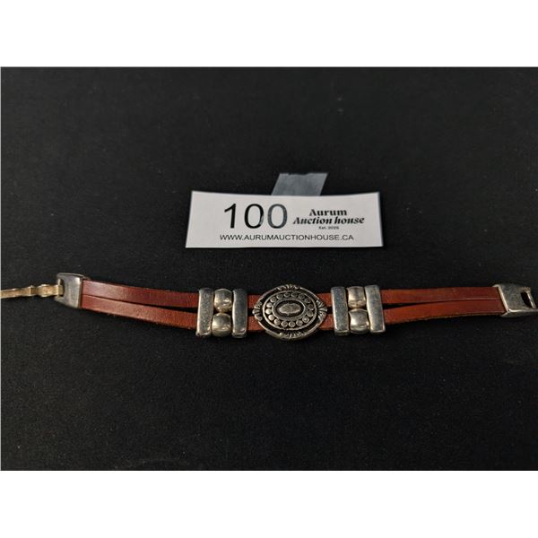 A Heavy Silver Tone & Leather Hippie Bracelet