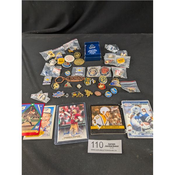 Vintage Lot of Sports Cards, Pins and Novelty Tokens