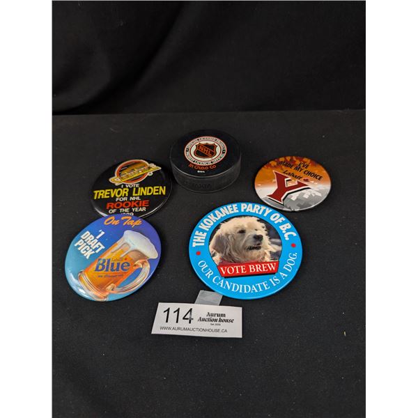 Trevor Linden Canucks Rookie Pin + NHL Puck and Other Pins