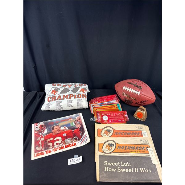 Collectible Football Lot, BC Lions, 85 Grey Cup Sweater + Ball Budweiser Tickets, Etc