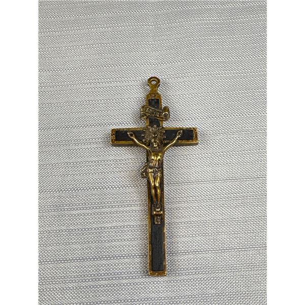 A Fabulous Antique 1890s Brass + Wood Crucifix 3.5" Long