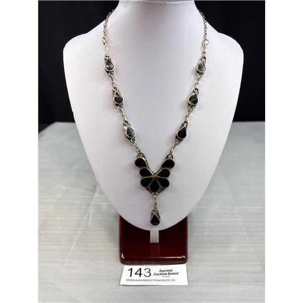 Vintage Black Onyx Inlaid Silver Necklace
