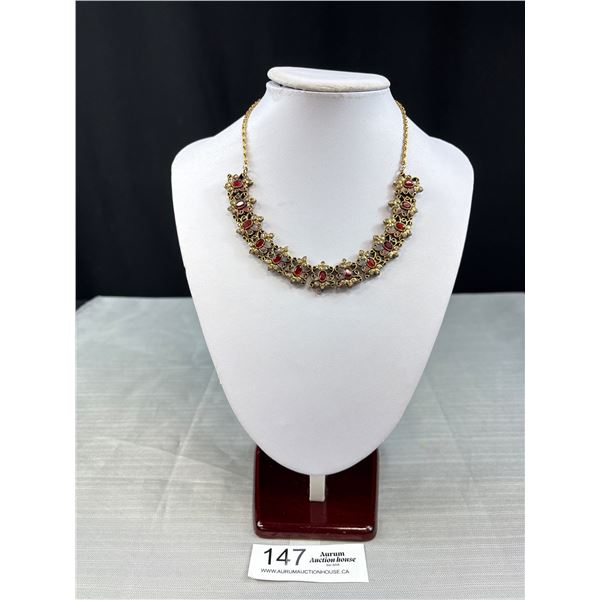 Vintage Ruby + Rhinestone Hand Crafted Necklace