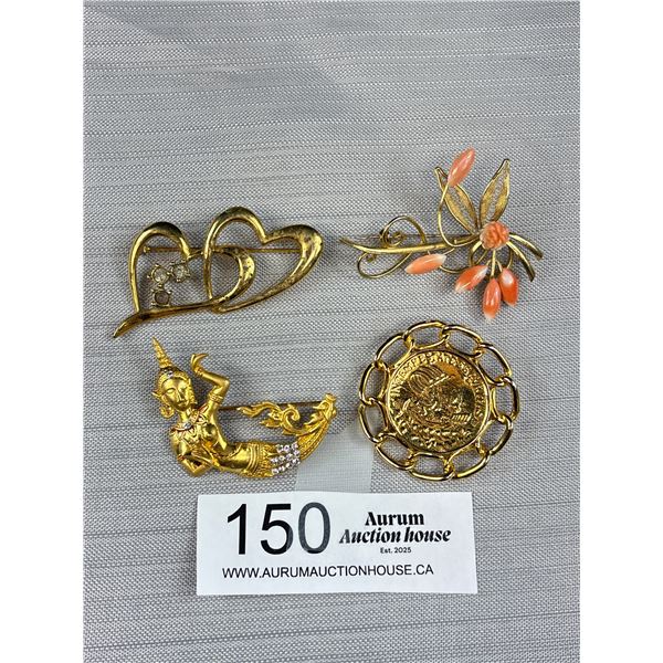 3 Vintage Good Plated Brooches, One w/ Pink Coral Stones