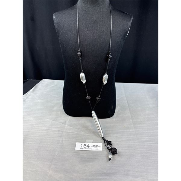 Grey Metal + Black Beads w/ Cord Necklace