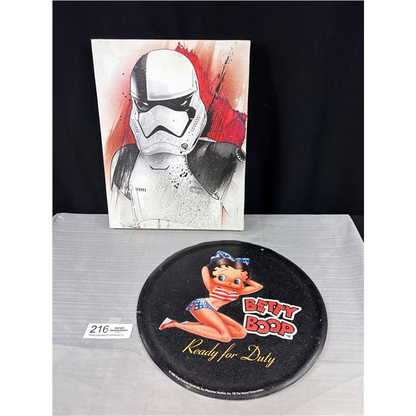 12" Diameter Vintage Betty Boop Embossed Sign + Storm Trooper Canvas Print