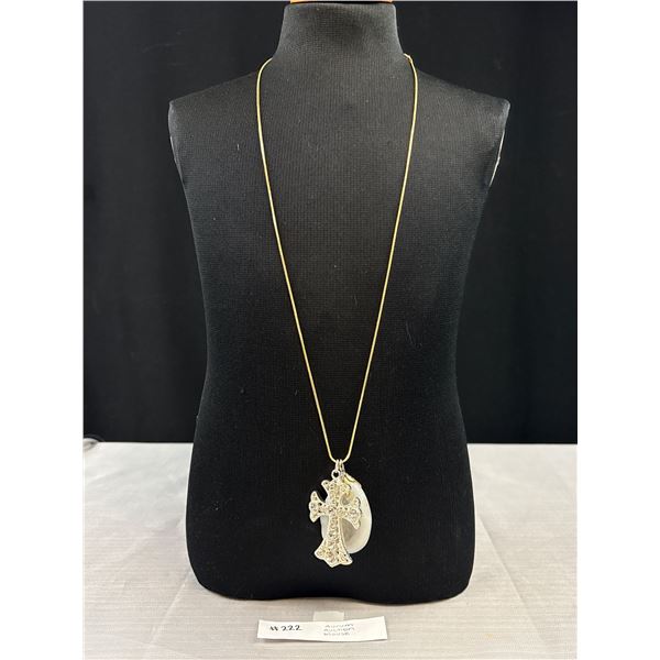 Silver Plated w/ Rhinestones Cross + Agate Stone Necklace