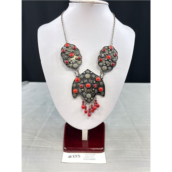 Vintage Low Silver Hand Crafted w/ Stones Necklace