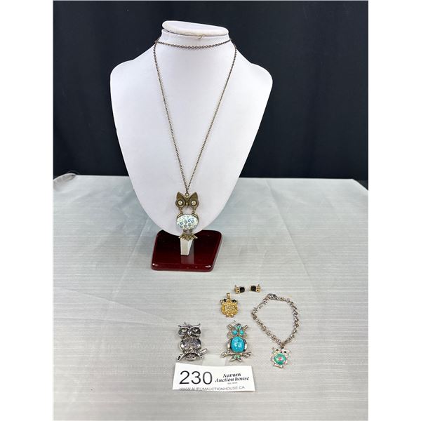 3 Vintage Owl Pendants, One Bracelet, One Necklace, Pair of Earrings