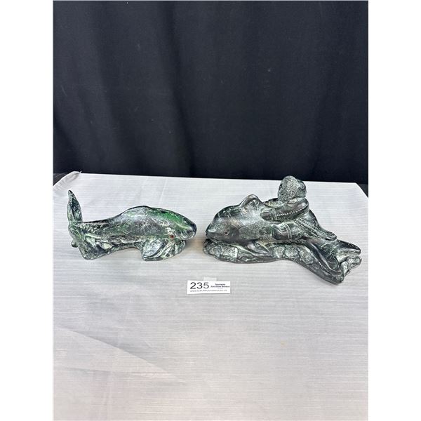 2 Nice Soap Stone Pieces Eskimo on Whale and Whale By Itself, Longest 10" Long