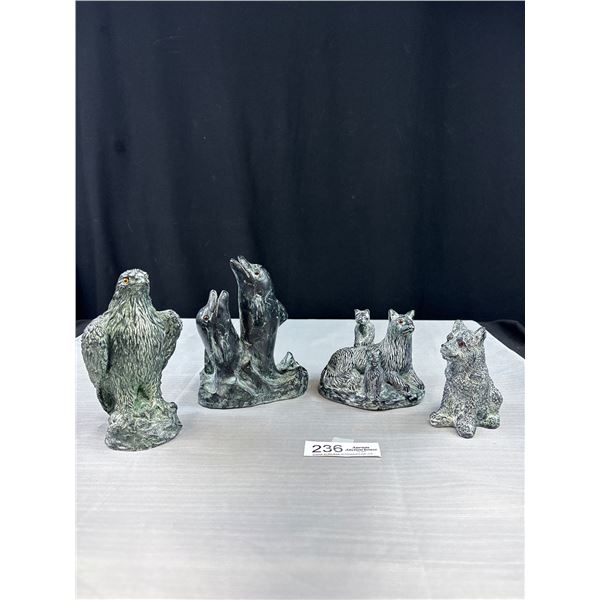 Lot of 4 Soapstone Carvings Eagle, Wolves, Dolphins