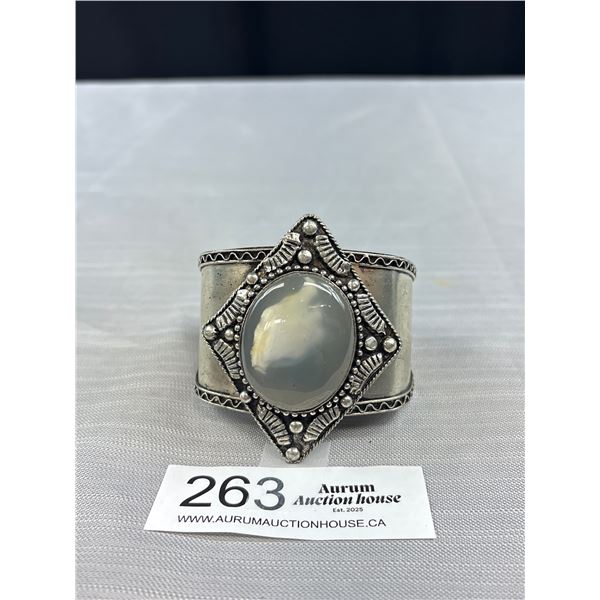 Vintage Silver Metal w/ Agate Stone Open Cuff Bangle