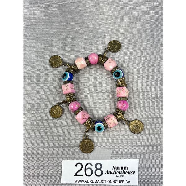 Pink Stone + Magic Eye Beads w/ Dangling Replica Coins Stretch Bracelet